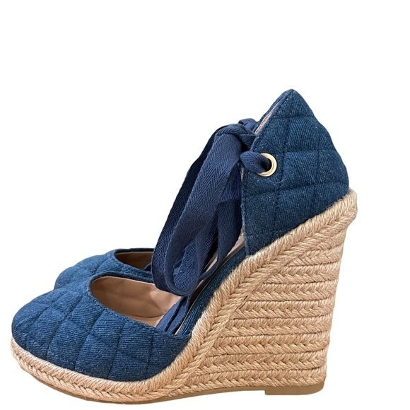 Espadrille Wedge Shoes Blue Denim Size 5.5 - Picture 1 of 9